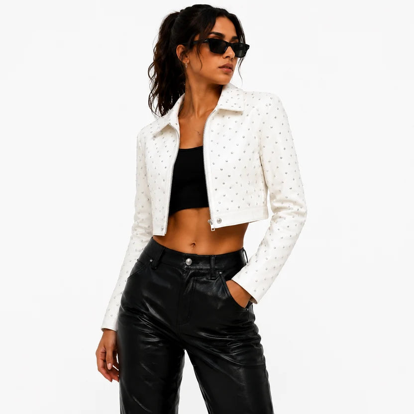 Women's White Studded Crop Leather Jacket