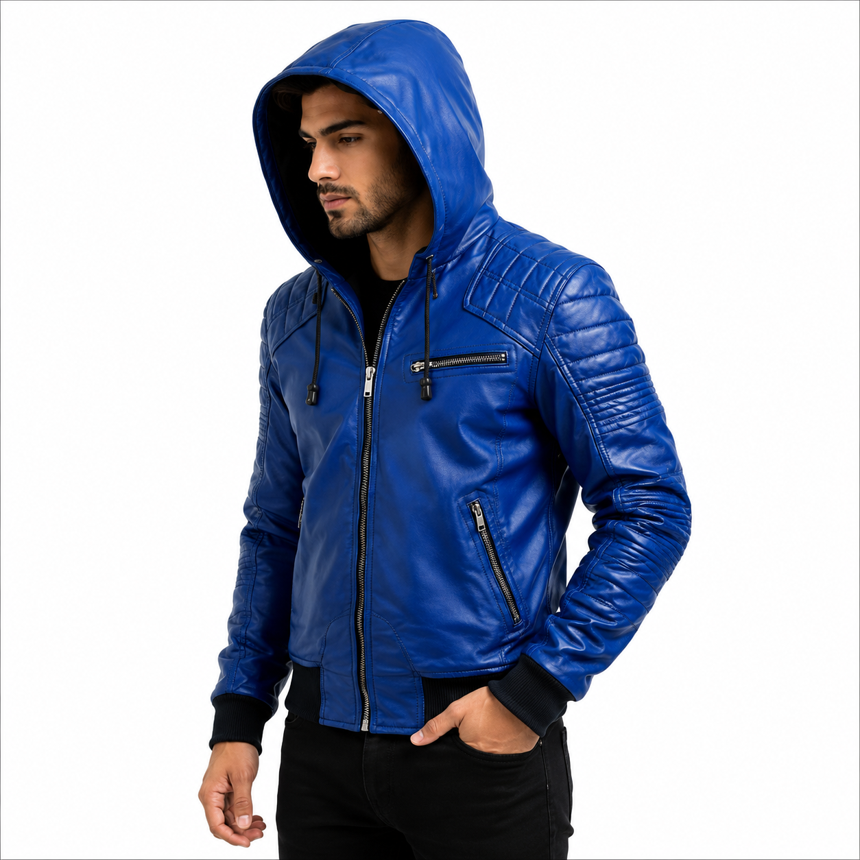 Men's Royal Blue Hooded Leather Jacket Streetwear Outfit