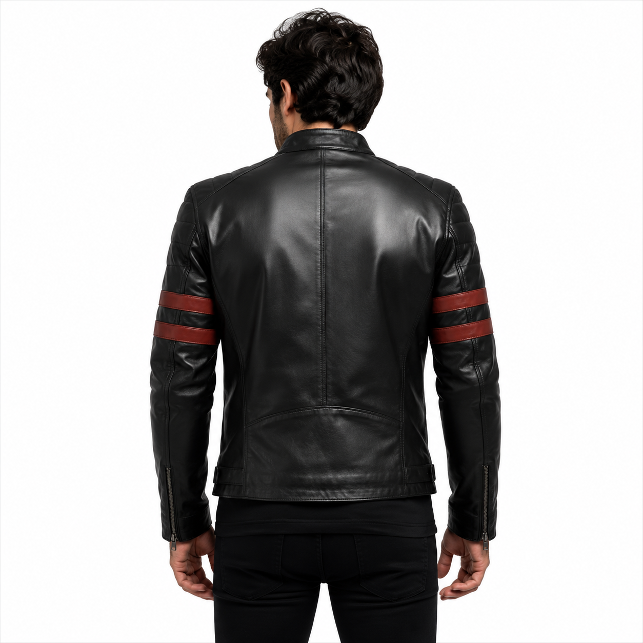 Black Racing Leather Jacket with Red Stripes 