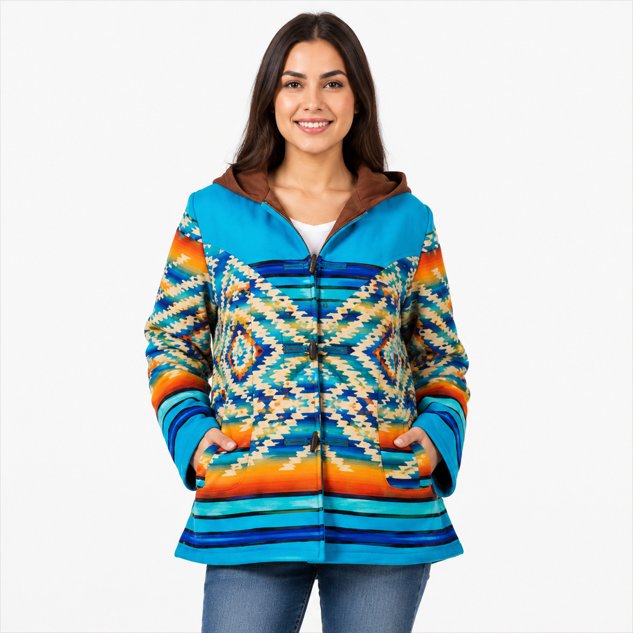 Women's Blue Orange Aztec Jacket Festival Spring Outfit