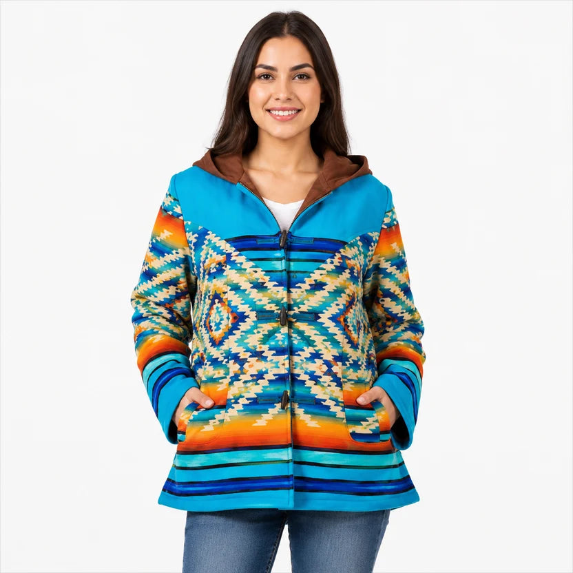 western serape geometric diamond pattern on blue and orange Yellowstone style jacket
