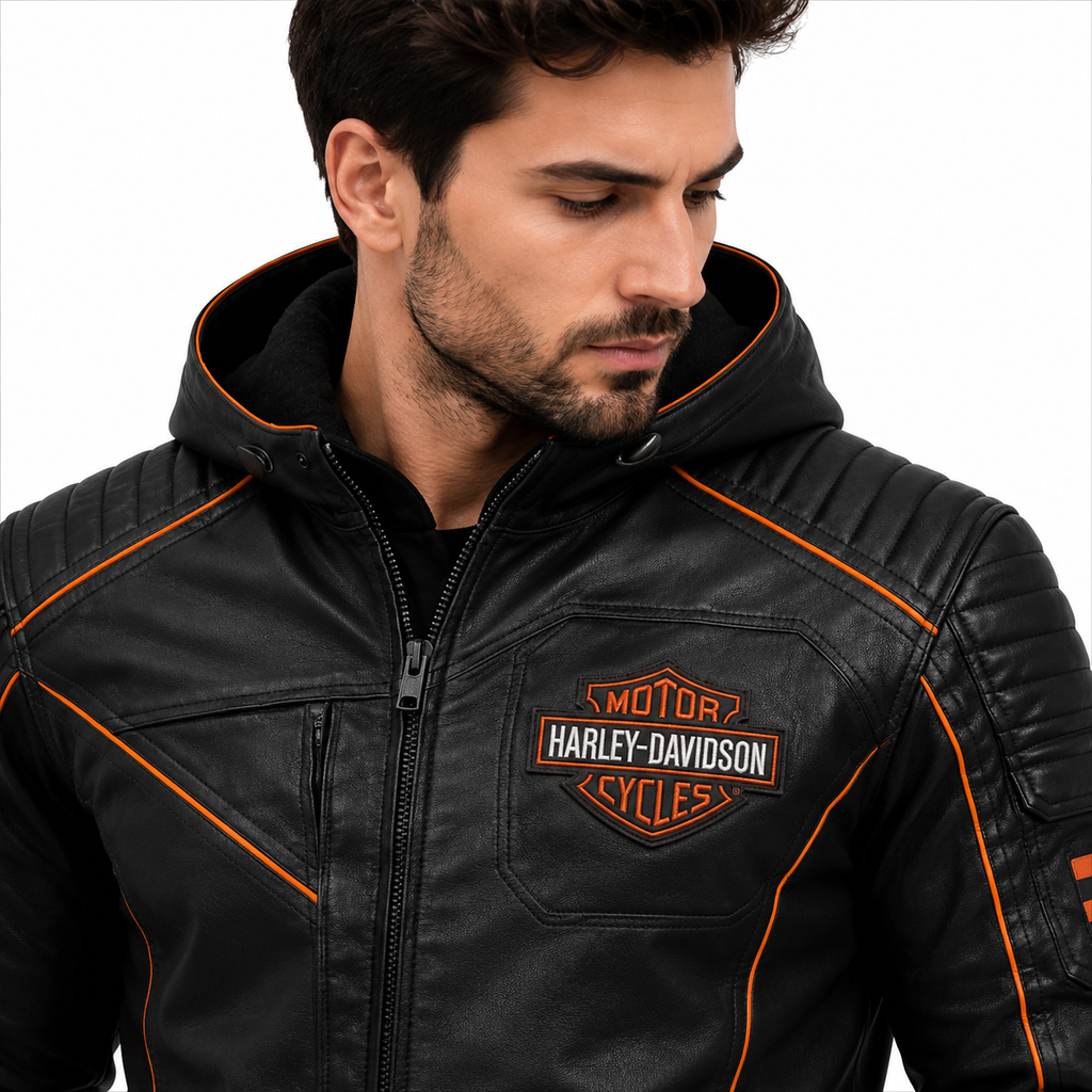 Men's Black Leather Jacket with Orange Piping