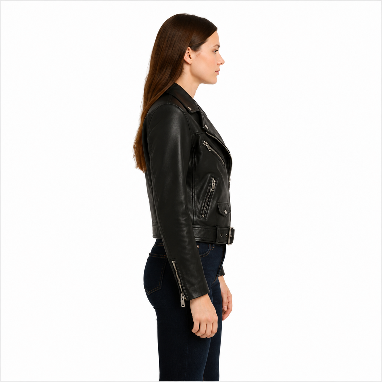 Women's Black Cropped Leather Biker Jacket 