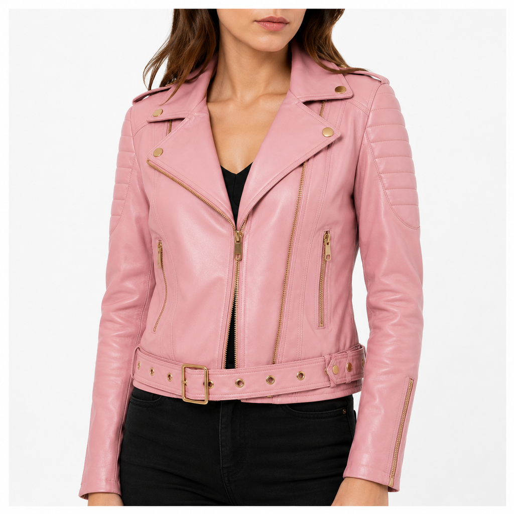 Women's Pink Leather Biker Jacket