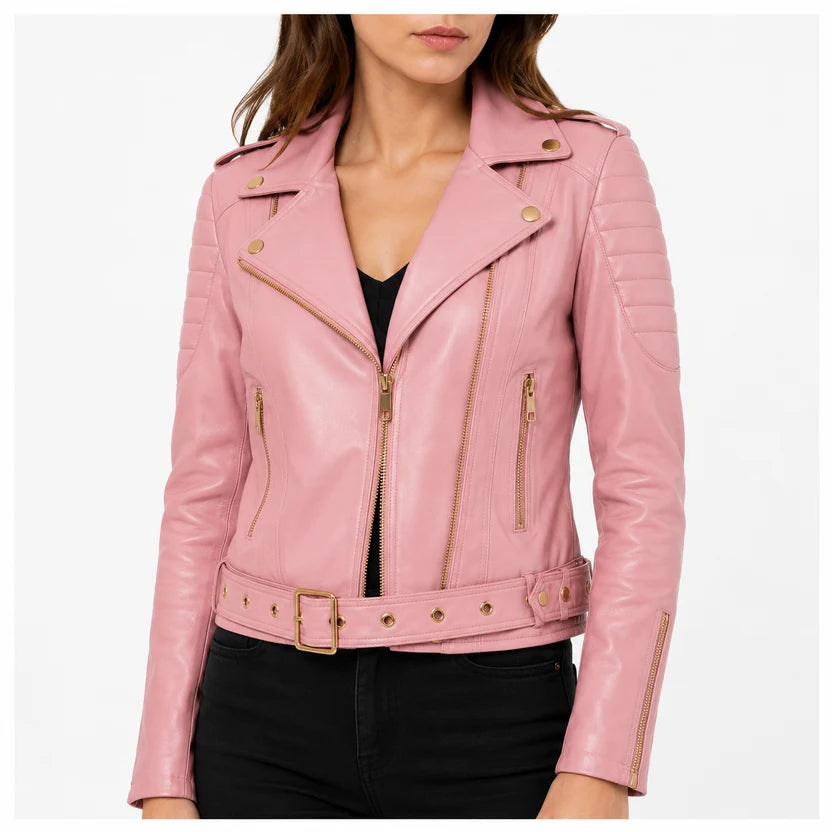 women's pink moto leather jacket
