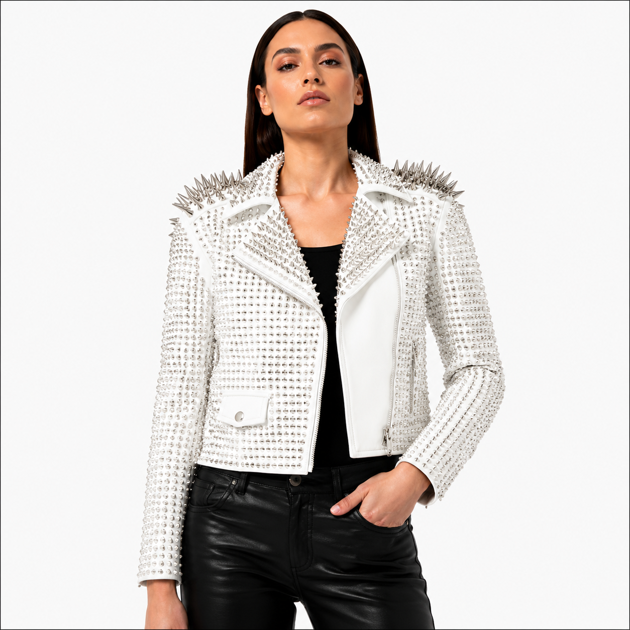 White Spiked Punk Rock Leather Jacket