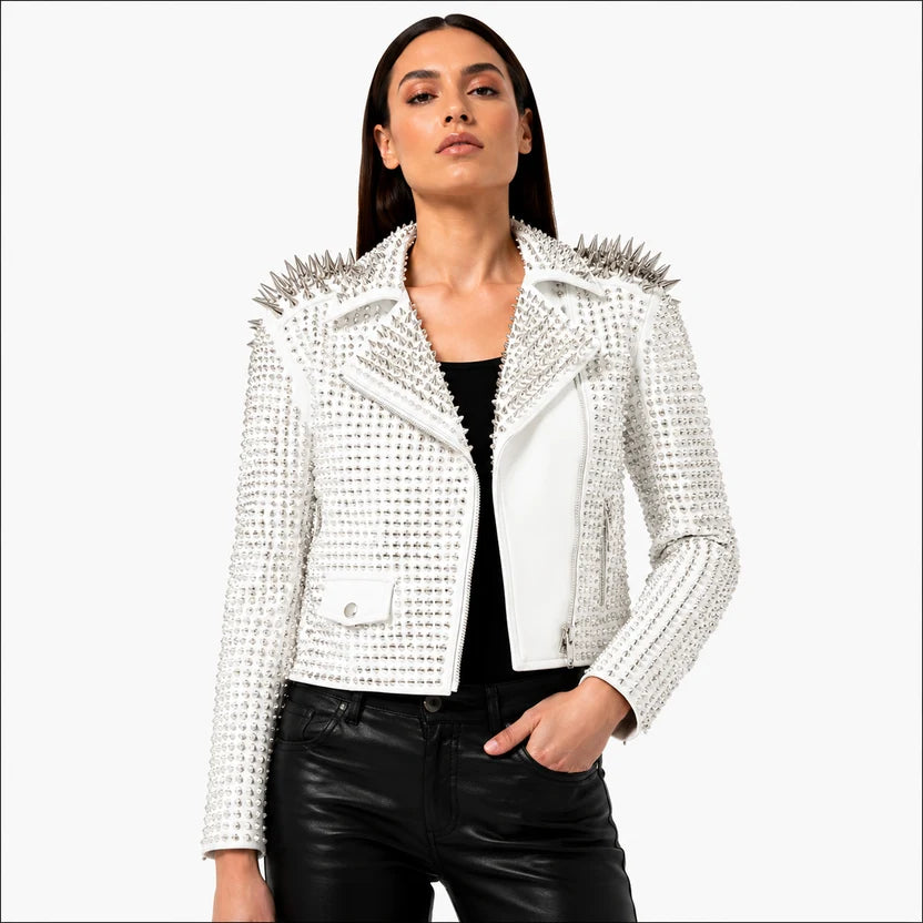 women's white studded leather biker jacket