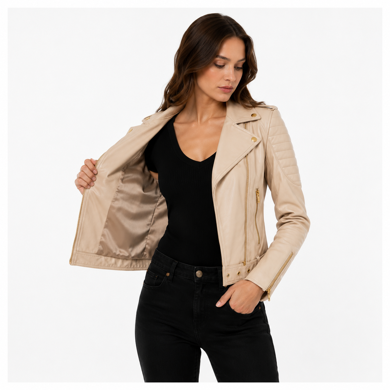 Women's Cropped Beige Leather Biker Jacket