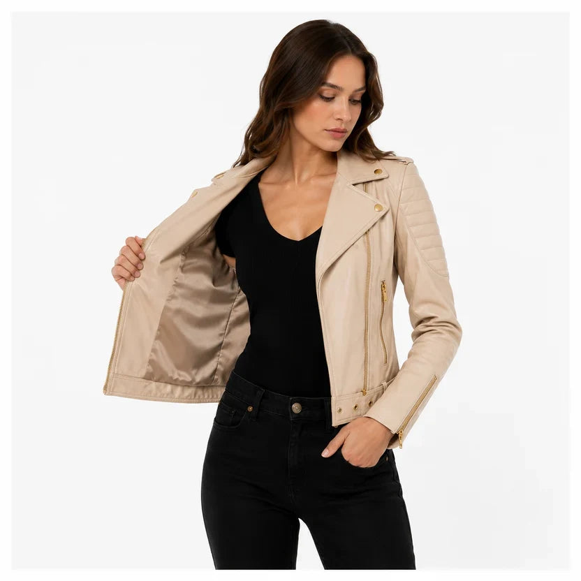 Women's Pink Genuine Leather Biker Jacket