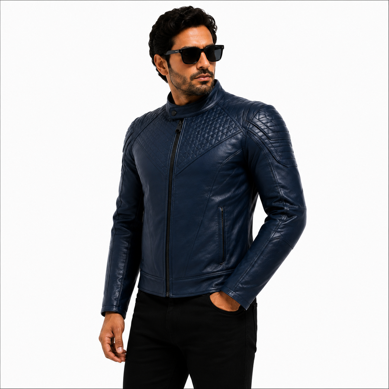 Men's Navy Blue Quilted Racer Leather Jacket