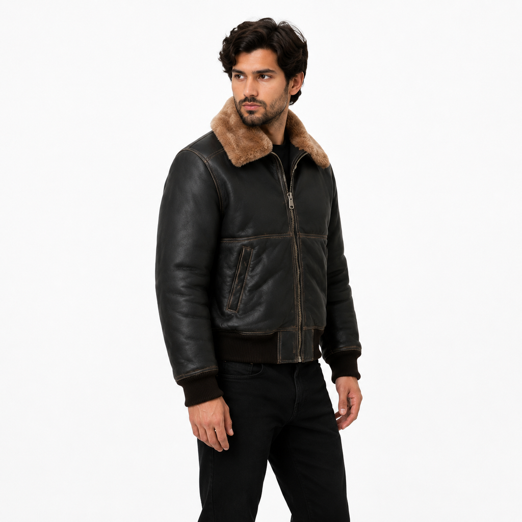 Men's black leather shearling aviator bomber jacket