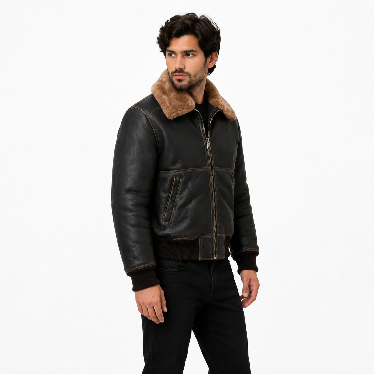 Men's black leather shearling aviator bomber jacket