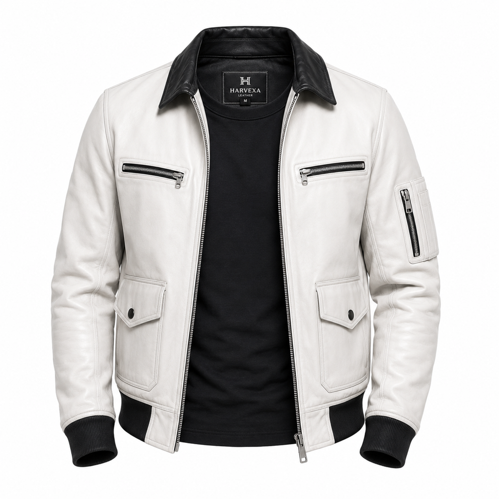 Men's white leather flight bomber jacket
