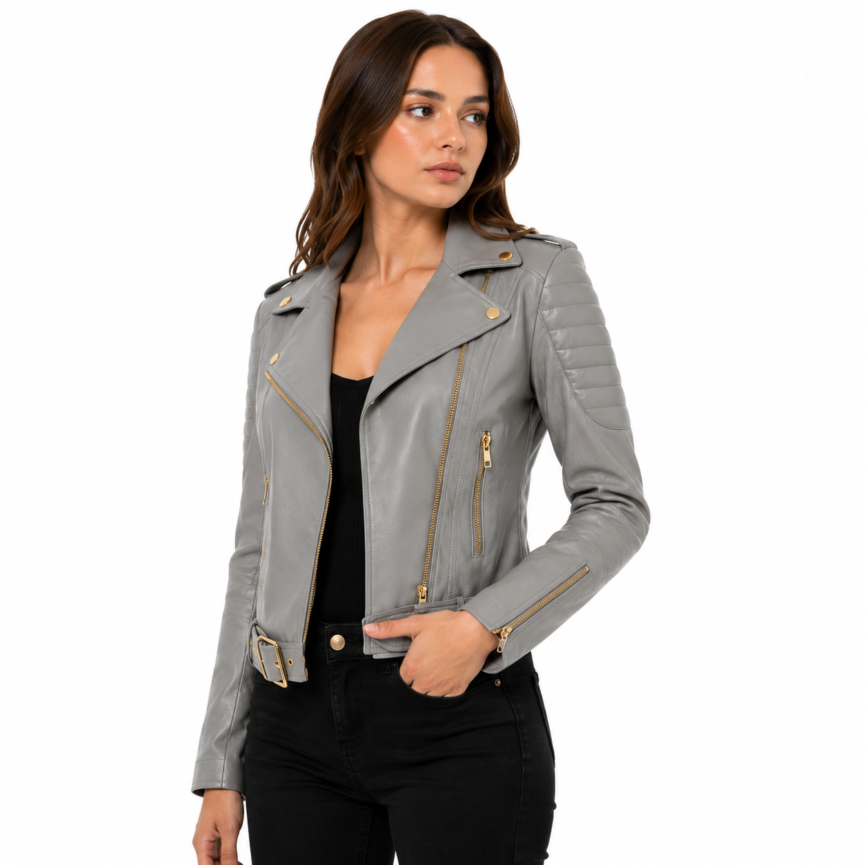 Women's Gray Asymmetrical Belted Leather Biker Jacket