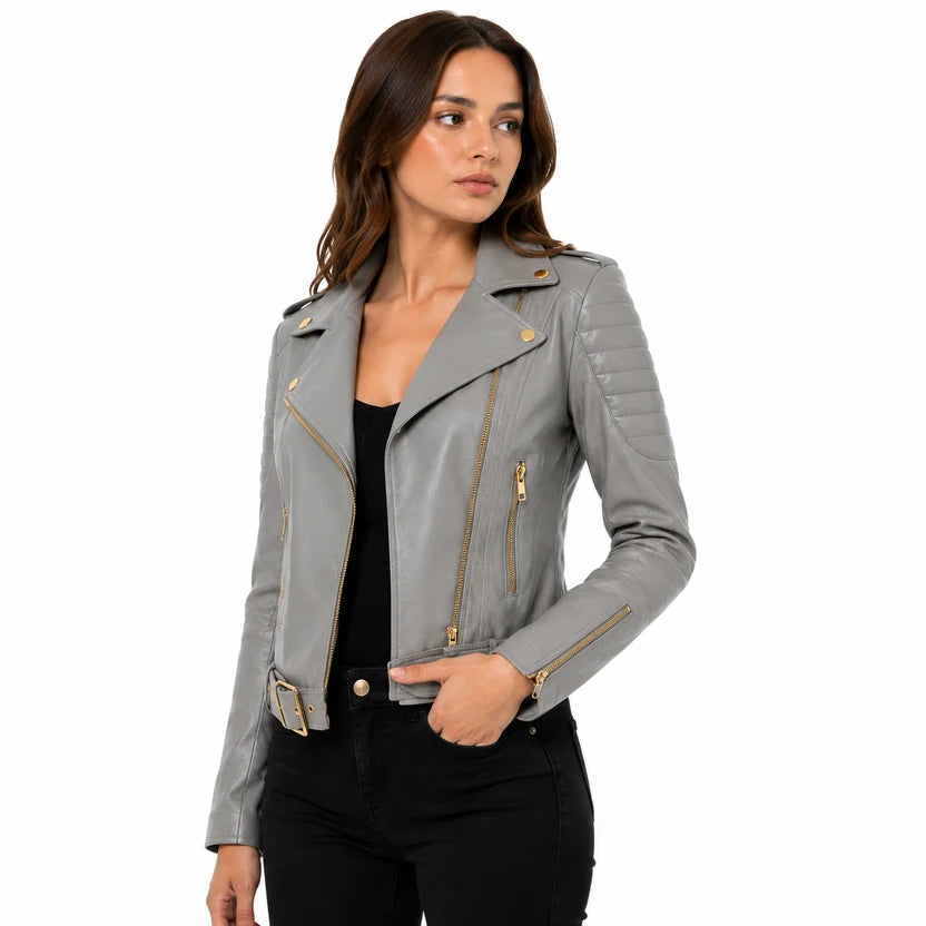 women's grey biker leather jacket