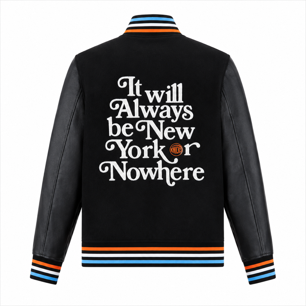 Black Leather New York Knicks Varsity Jacket Back with It Will Always Be New York or Nowhere Text