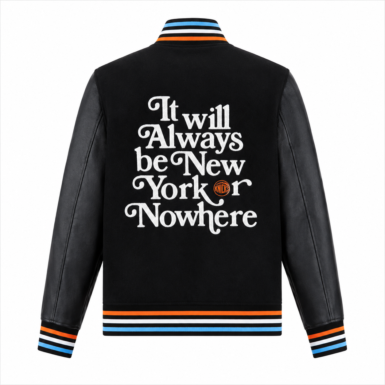 Black Leather New York Knicks Varsity Jacket Back
