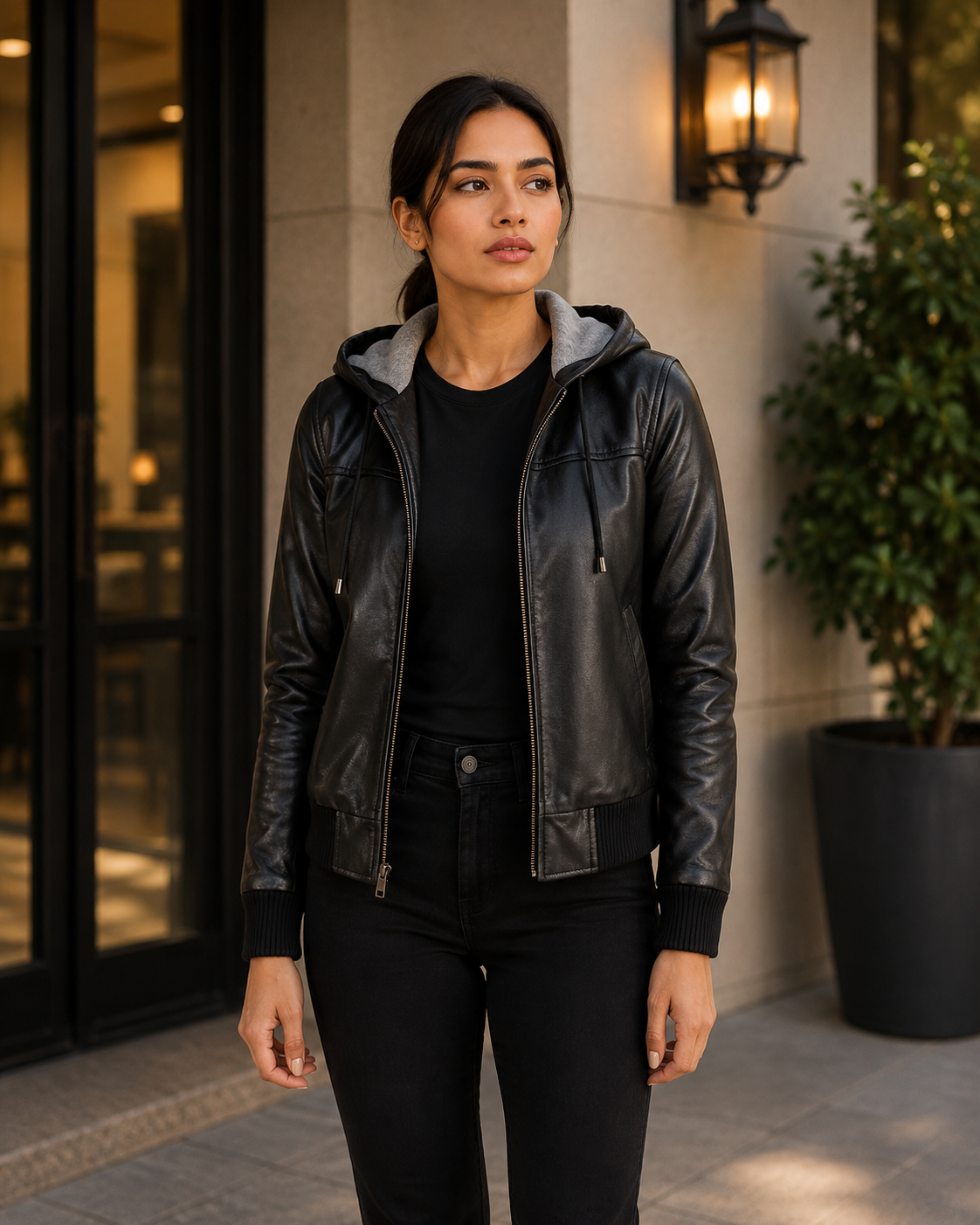 women's black hooded leather jacket