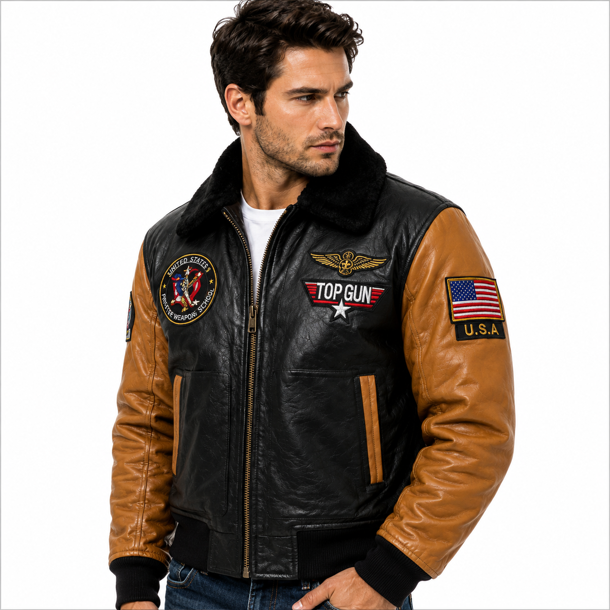 Men's Black & Tan Top Gun G-1 Flight Leather Bomber Jacket