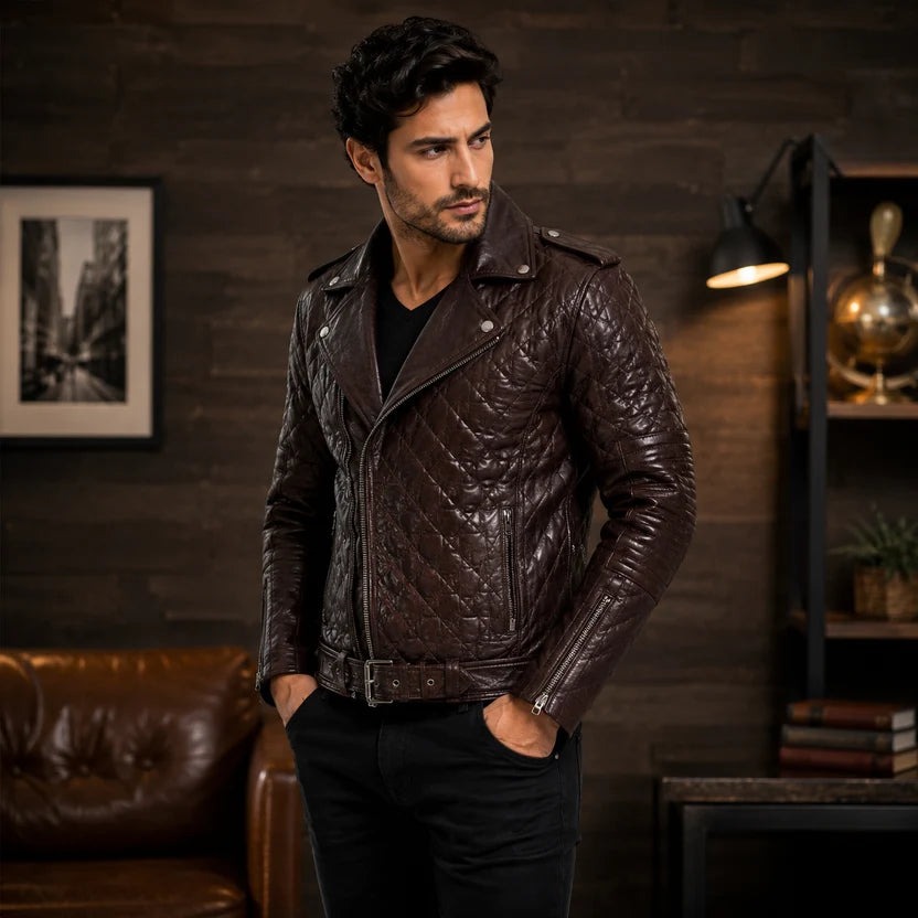 Men's Chocolate Brown Quilted Diamond Stitch Genuine Leather Biker