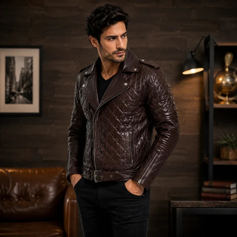 Men's White Leather Quilted Biker Jacket