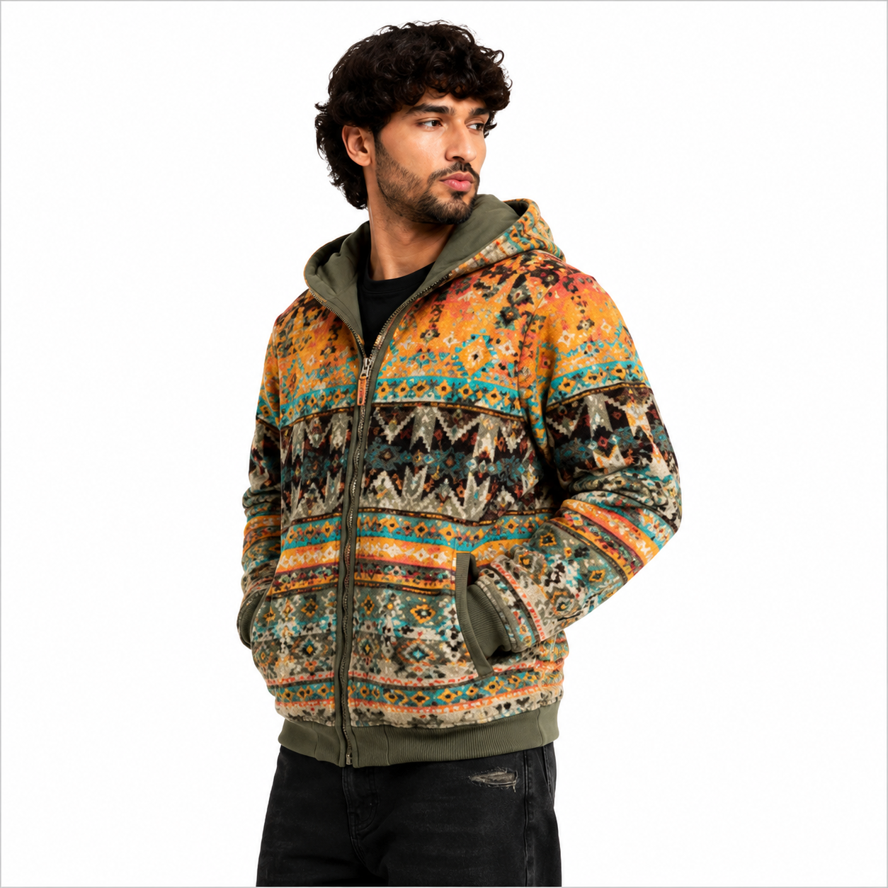 Olive Aztec Sunset Pattern Sherpa 