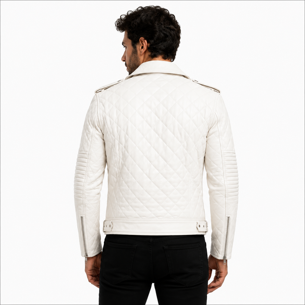 Men's Quilted White Biker Leather Jacket