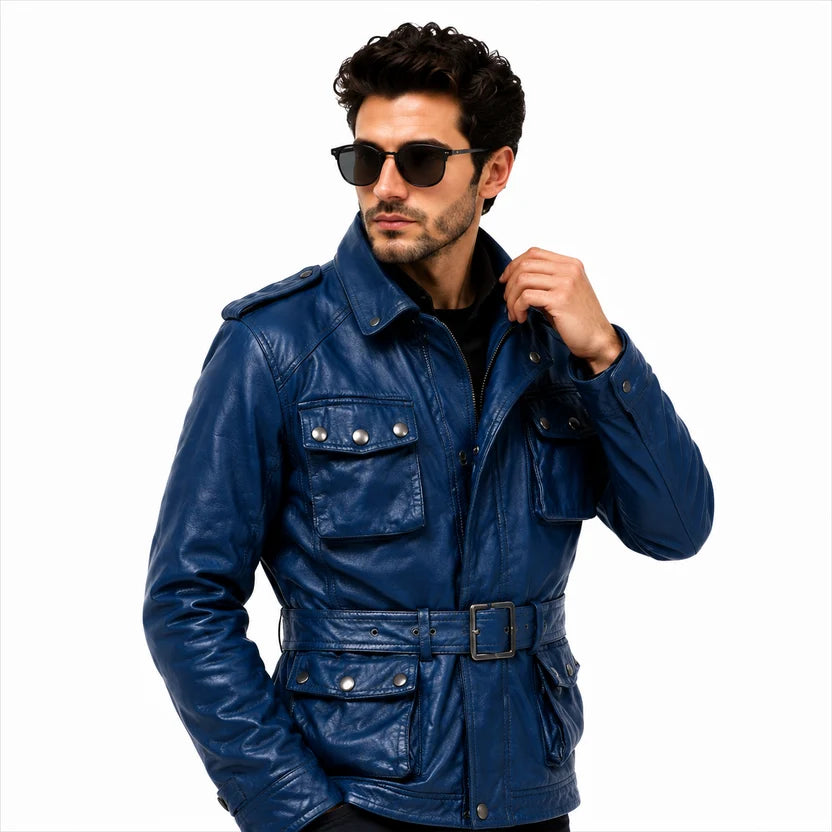 Men's Royal Blue Genuine Leather Field Biker Jacket with Waist Belt 