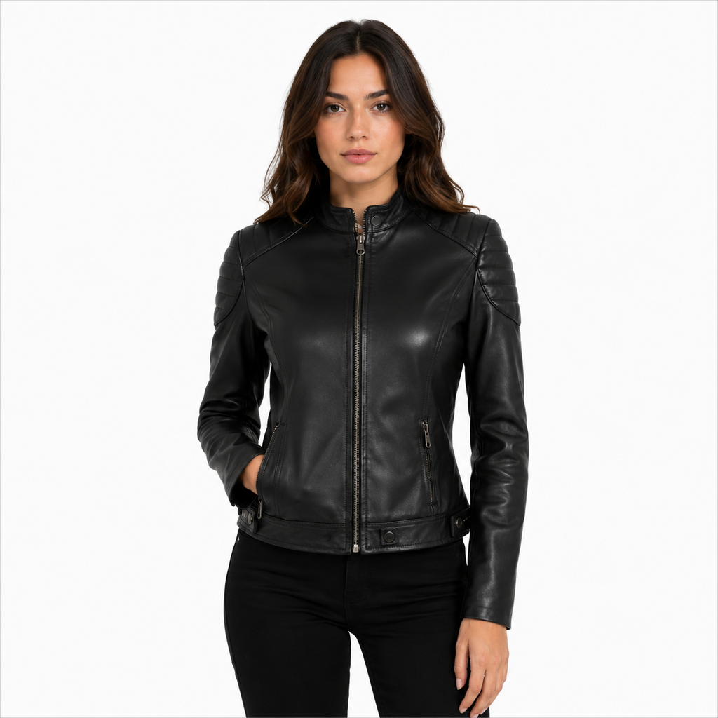 Women's Classic All-Black Cafe Racer Leather Biker Jacket