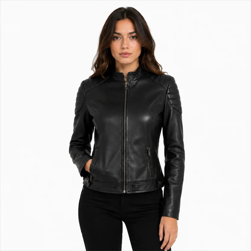 Women's Black Real Leather Jacket Biker Moto Outfit