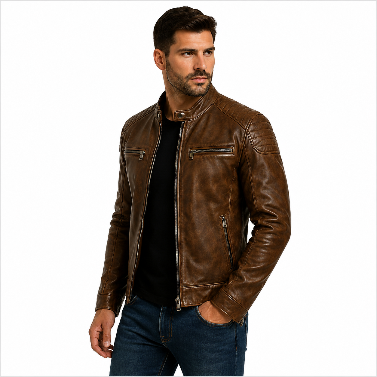 Men's Vintage Brown Cafe Racer Leather Jacket