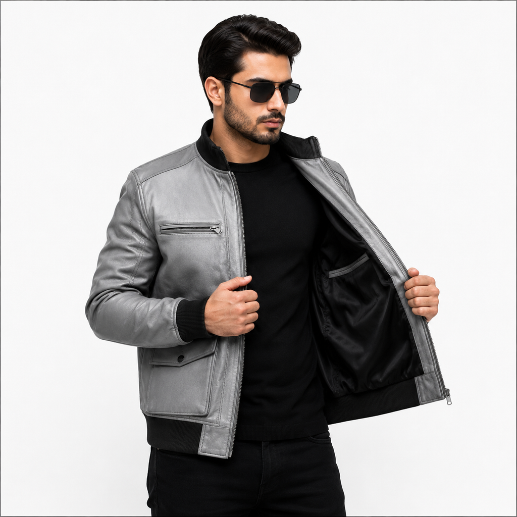 Men's distressed grey leather bomber jacket