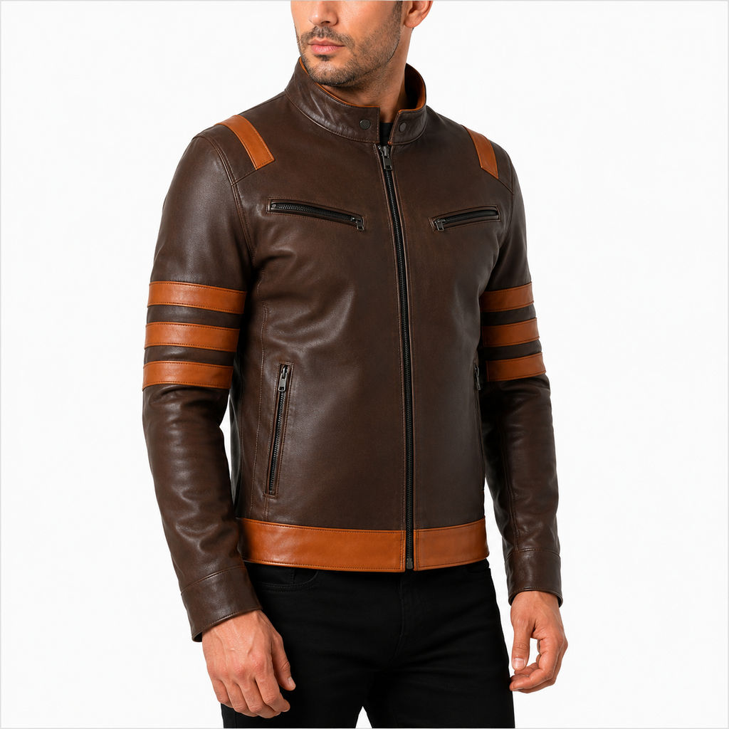 Men's Brown Cafe Racer Leather Jacket with Stripes 