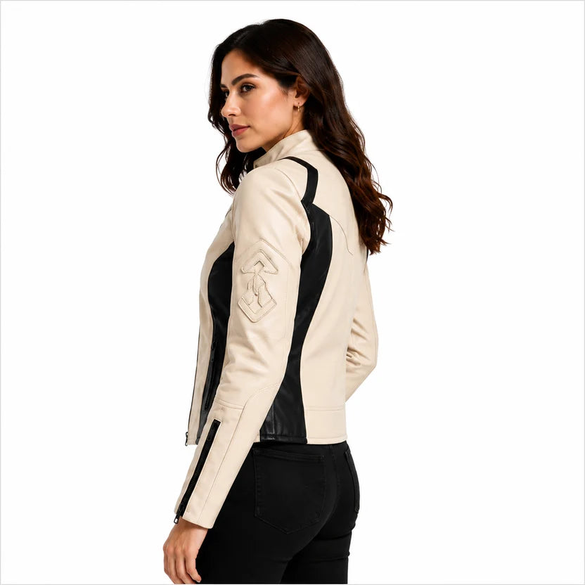 women's cream leather biker jacket