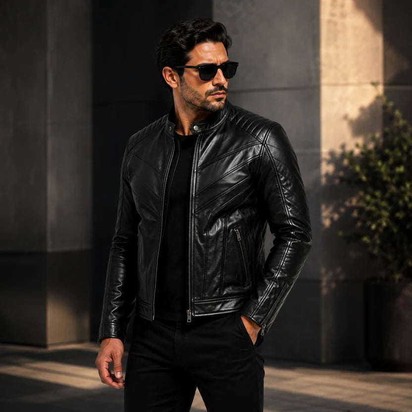 Men's All Black Diagonal Quilted Leather Jacket