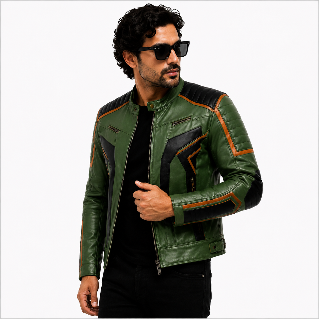 Men's Green & Black Racer Leather Jacket with Quilted Shoulders