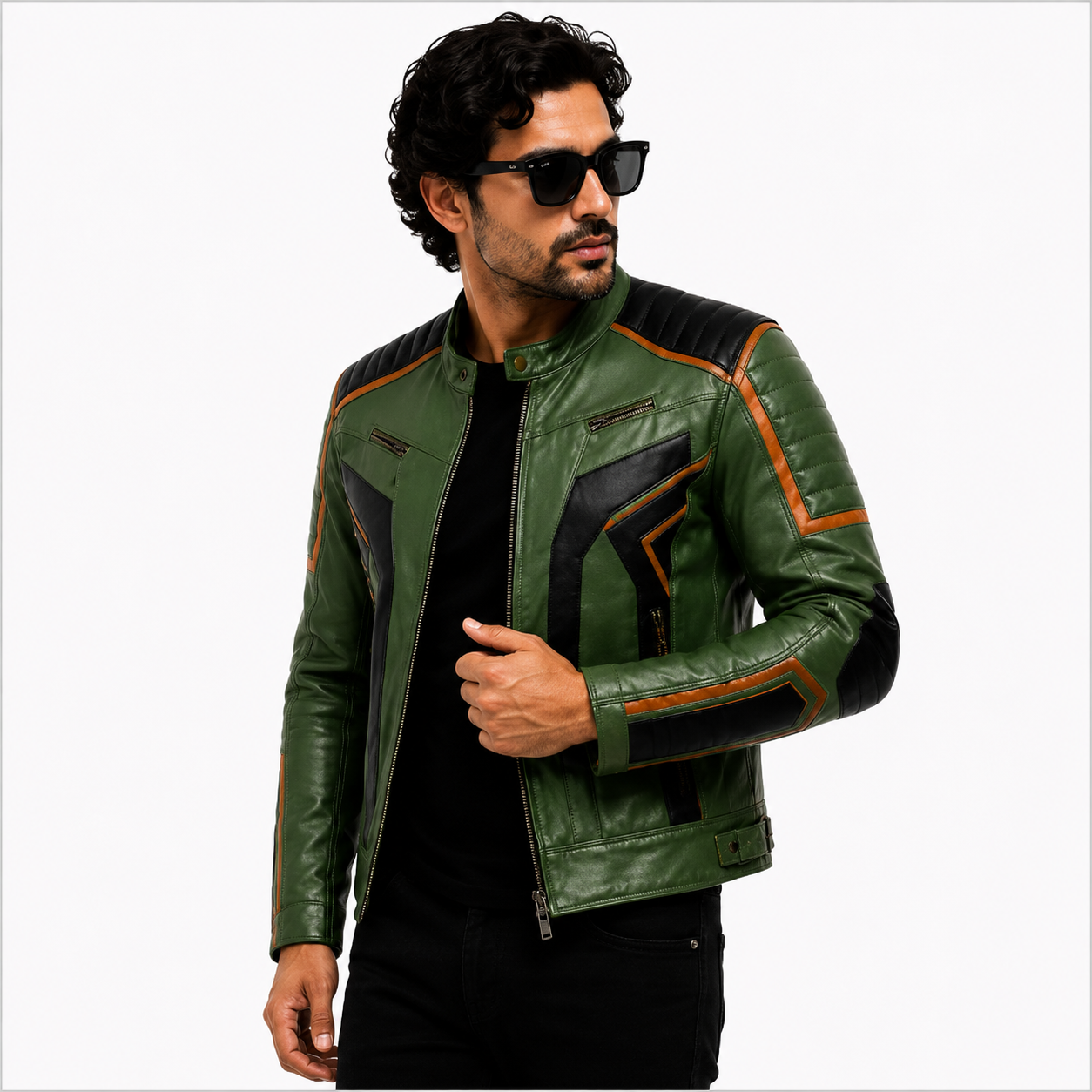Men's Green & Black Racer Leather Jacket with Quilted Shoulders