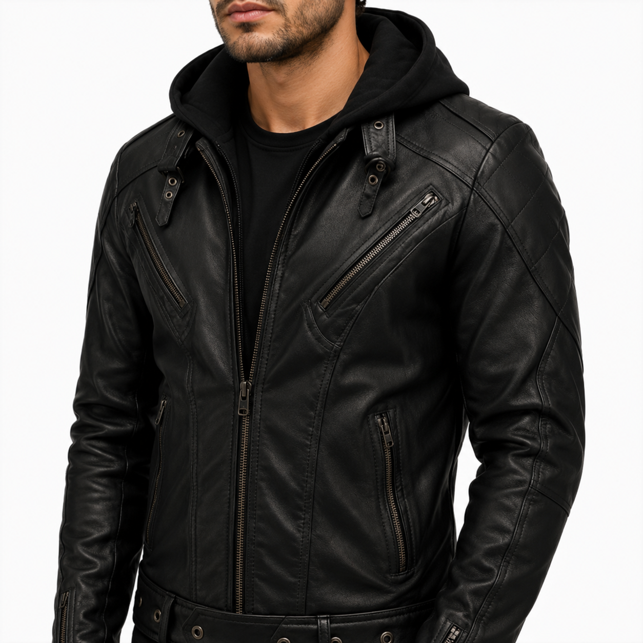 Hooded Biker Leather Jacket Diagonal Zip 