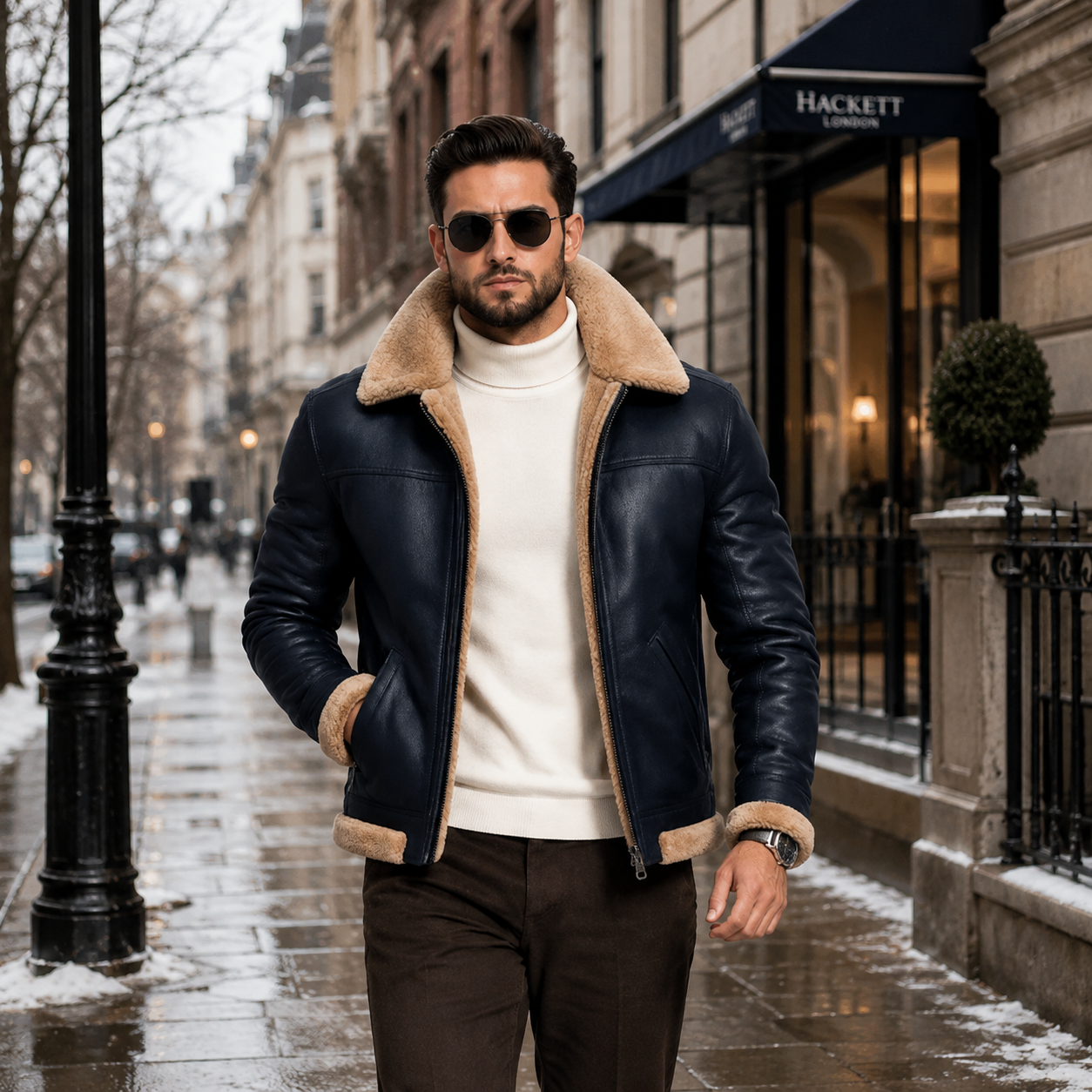 Men's Classic Navy Blue & Beige B-3 Aviator Jacket