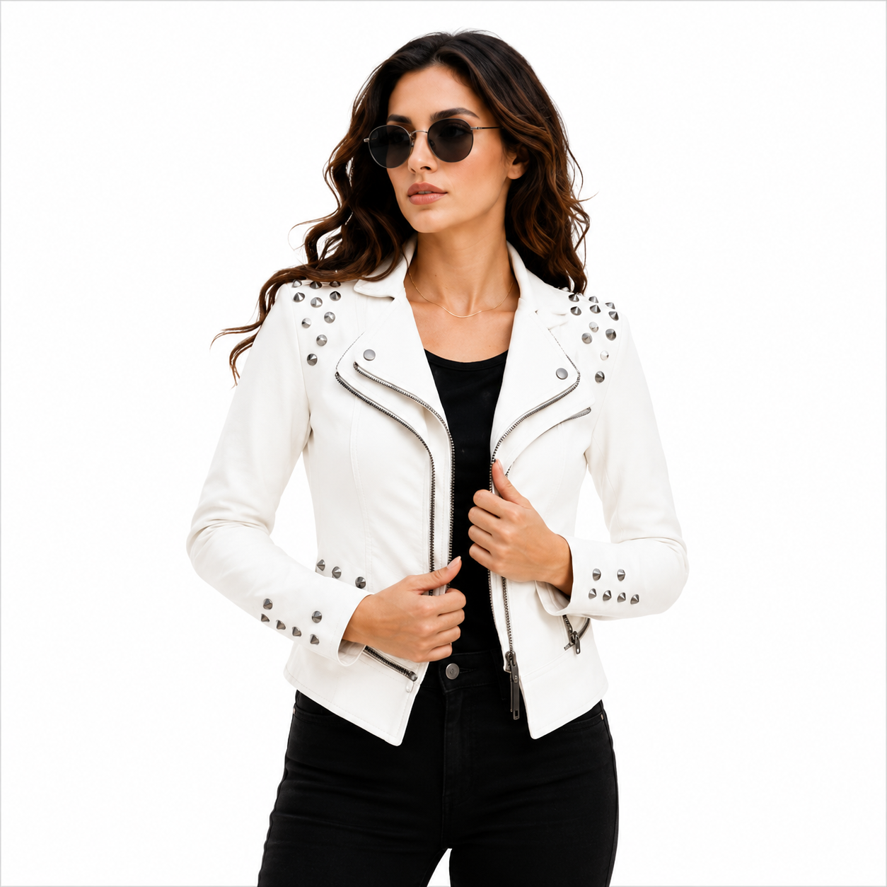 Women's Studded White Leather Biker Jacket