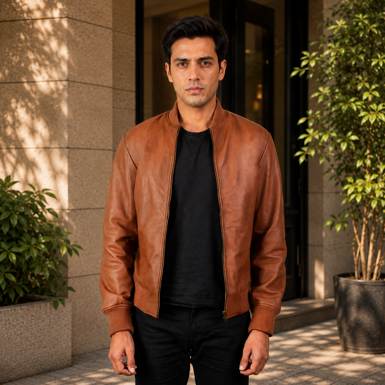 Men's Cognac Brown Genuine Leather Bomber Jacket