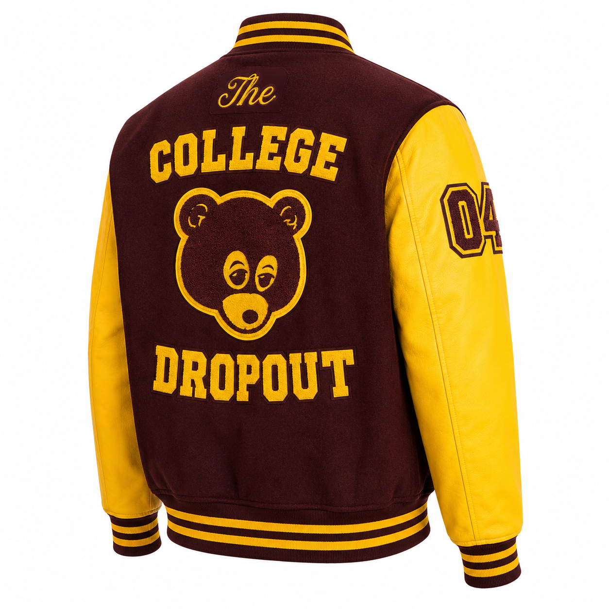 Brown and Yellow The College Dropout Bear Varsity Jacket with Big Bear Logo on Back