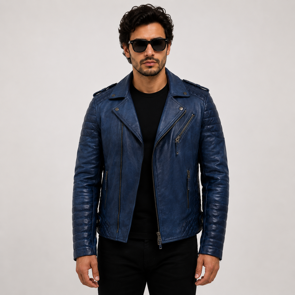 Men's Distressed Navy Blue Asymmetric Leather Biker Jacket