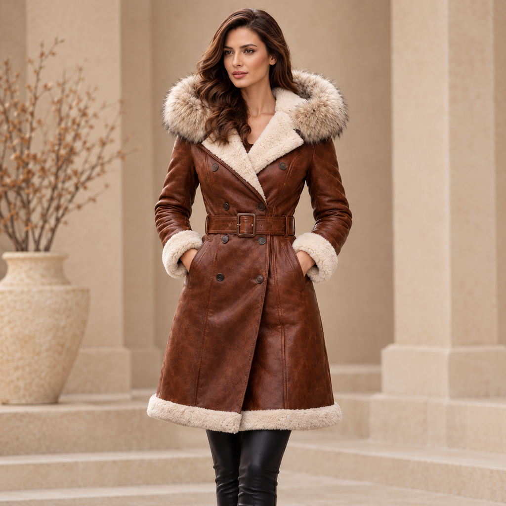 Detail of shearling cuffs and hem on women's brown long trench shearling coat