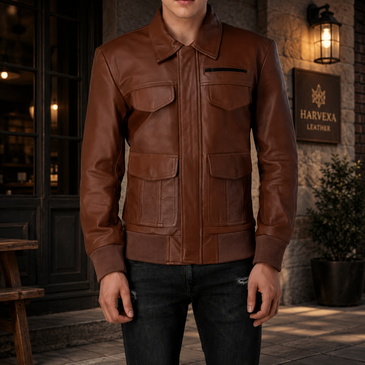 Mens Brown Bomber Utility Leather Jacket
