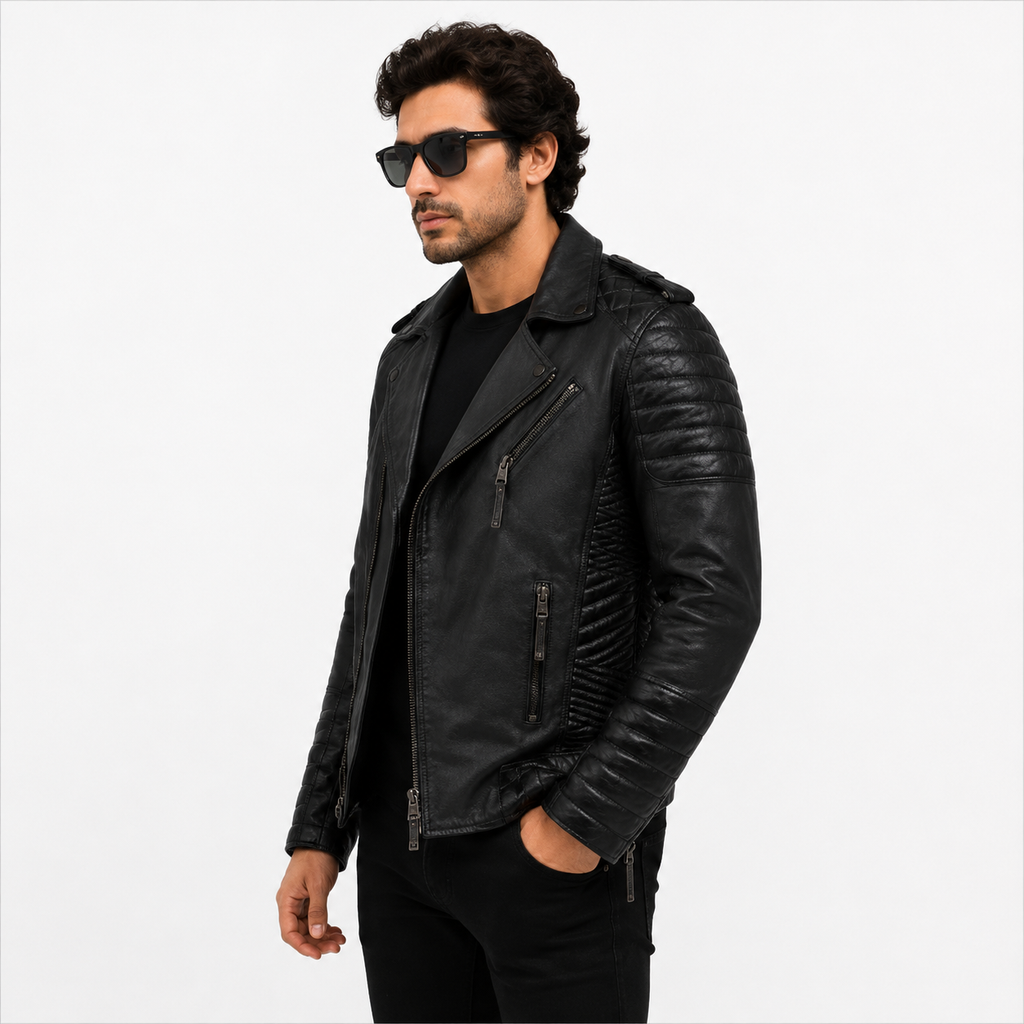 Men's Stealth Black Asymmetric Leather Biker Jacket