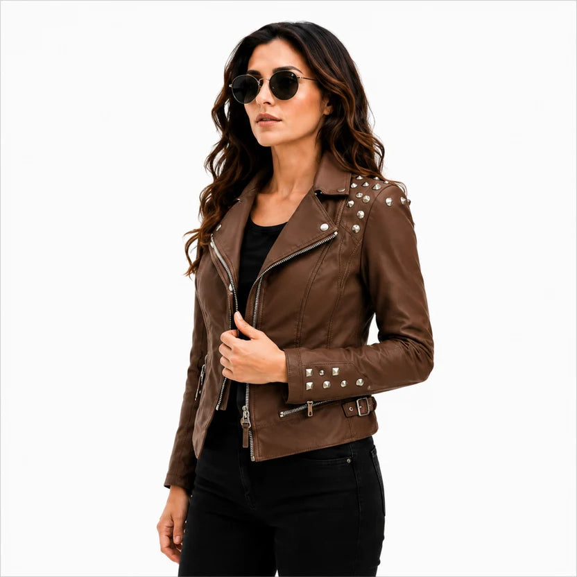 Women's Brown Studded Leather Moto Jacket