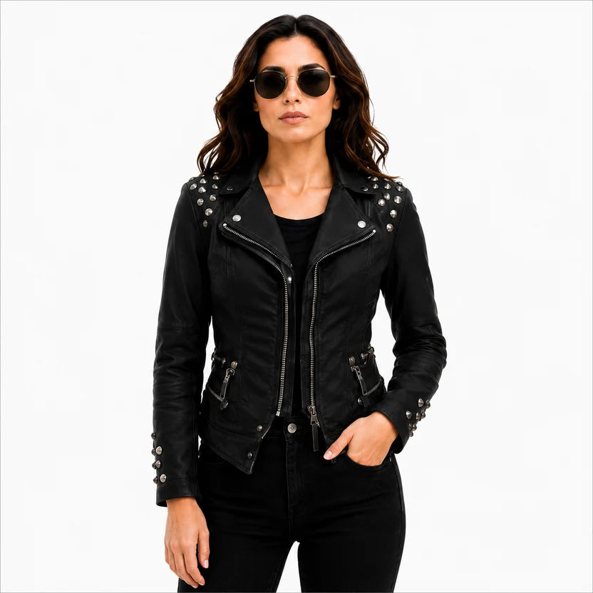 women's black leather biker jacket