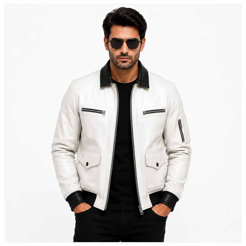 Men's white leather flight bomber jacket