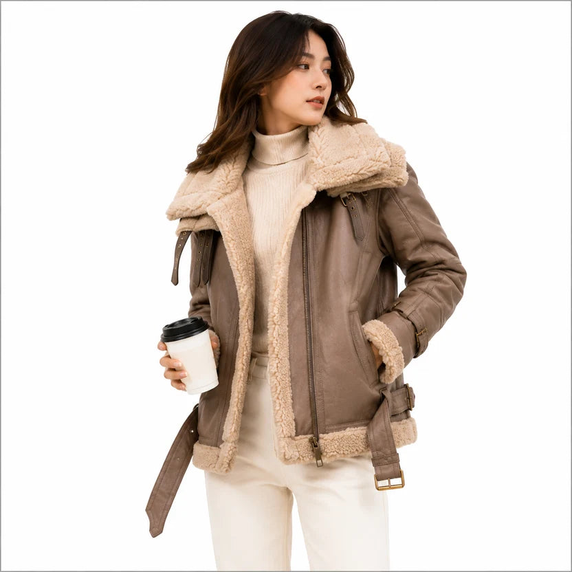 Women's taupe brown leather shearling jacket